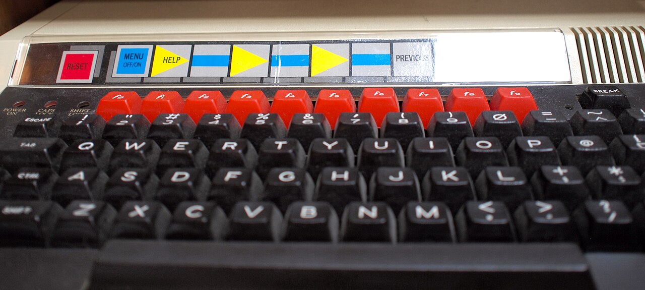 BBC Domesday machine keyboard showing the printed function-key overlay strip with navigation labels — Walk, Find, Photo, Data, Video, Index