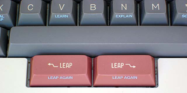 Close-up of Canon Cat keyboard showing pink LEAP keys
