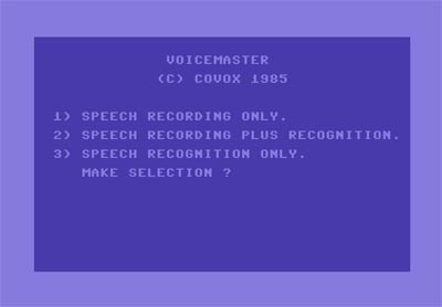 Covox Voice Master software running on a Commodore 64 with CRT monitor