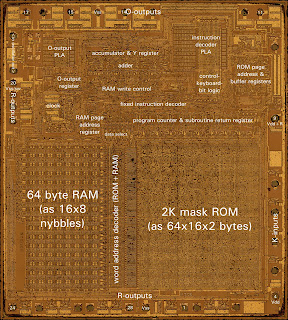 Annotated die shot of the M34012, a customized TMS1100