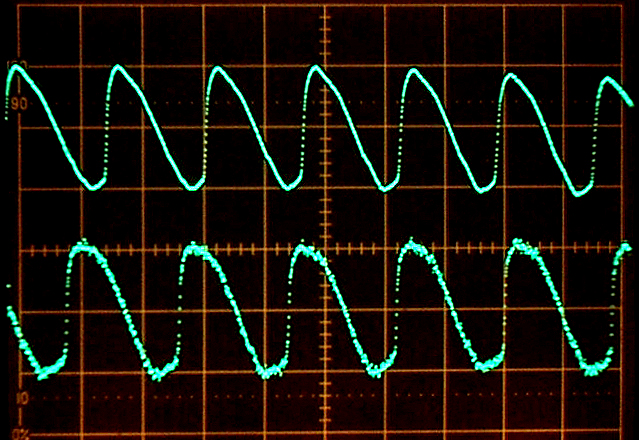 Oscilloscope trace comparing EGG signals from Glottal Enterprises (top) and Laryngograph/Kay electroglottograph (bottom)