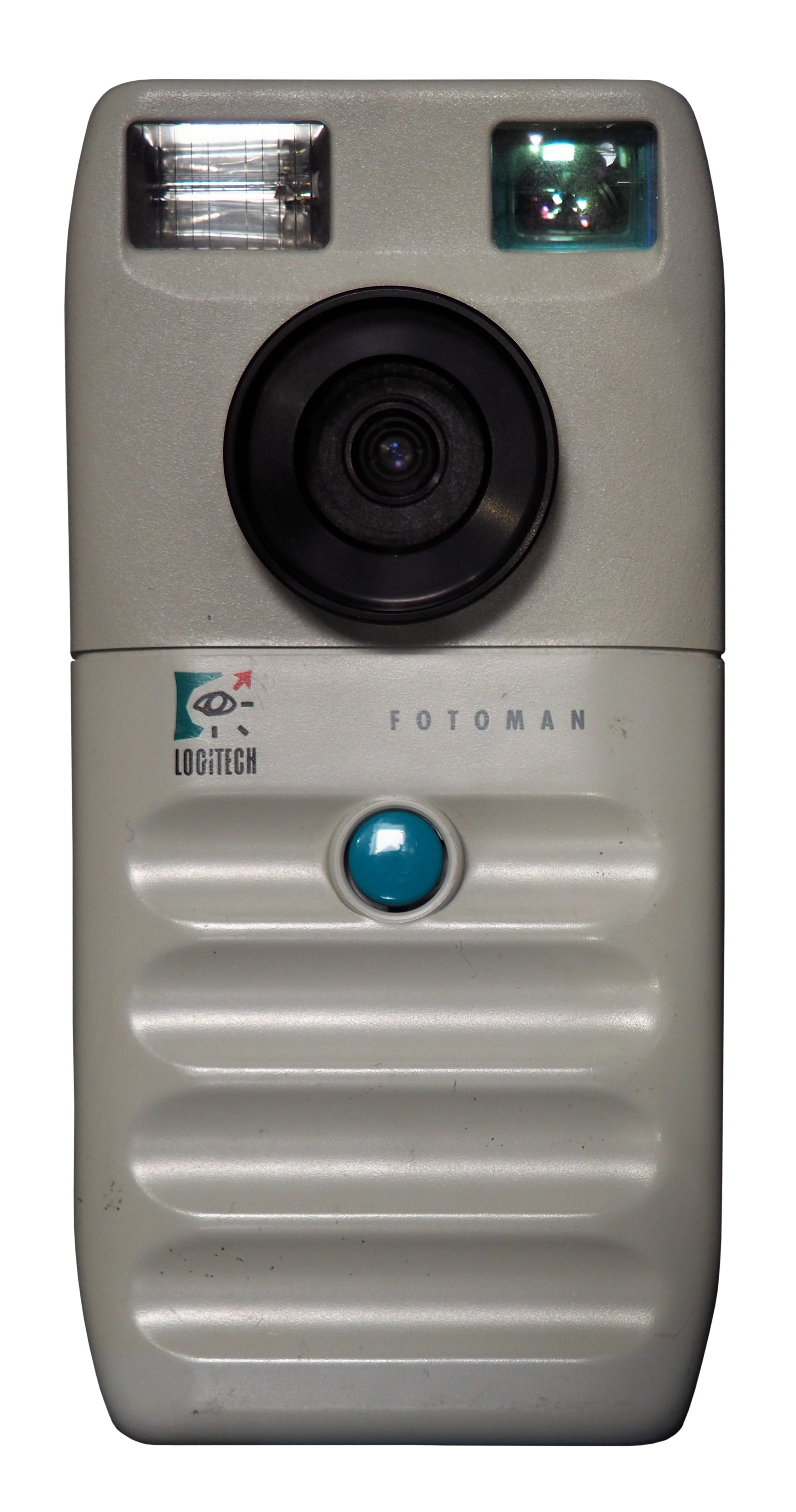 Logitech Fotoman detail close-up showing minimal interface: shutter button, viewfinder, flash