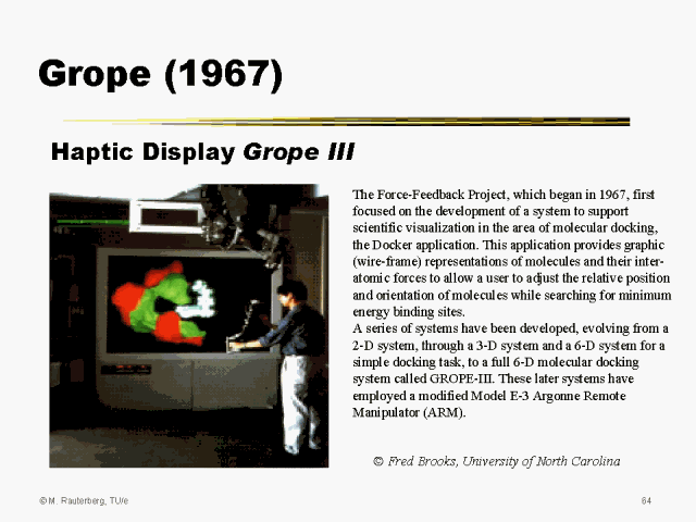 The University of North Carolina force feedback system. The chemist grasps the ARM handle to manipulate a drug molecule while feeling intermolecular forces.