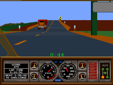 Hard Drivin' in-game screenshot showing early filled-3D-polygon graphics