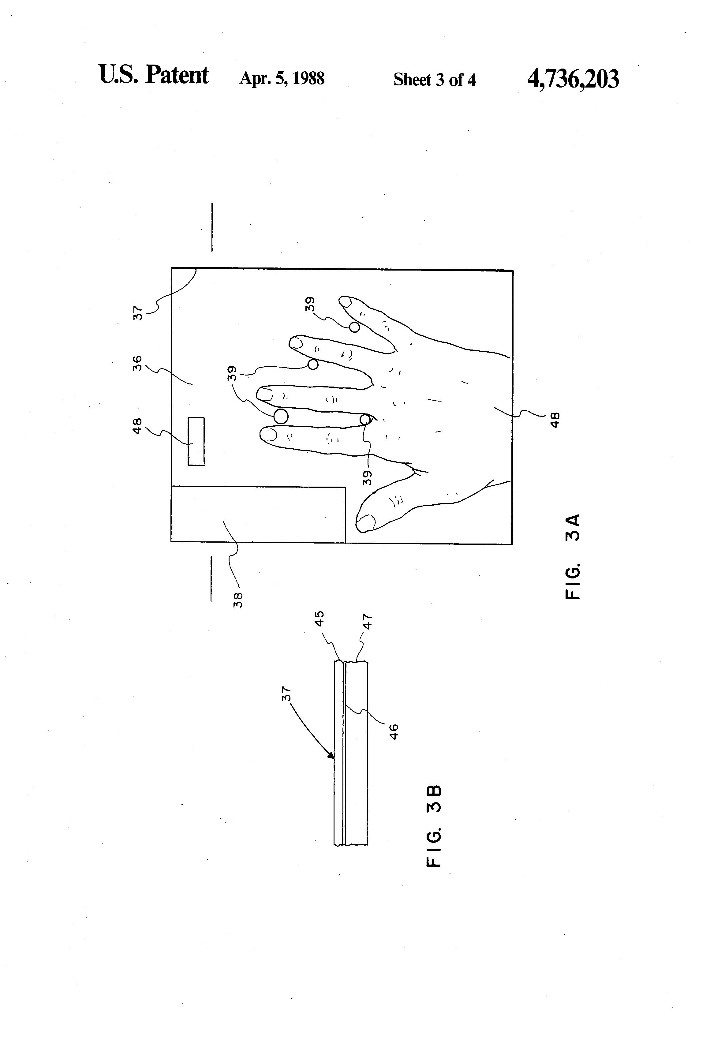 US Patent 4,736,203 drawing page with plan and side views
