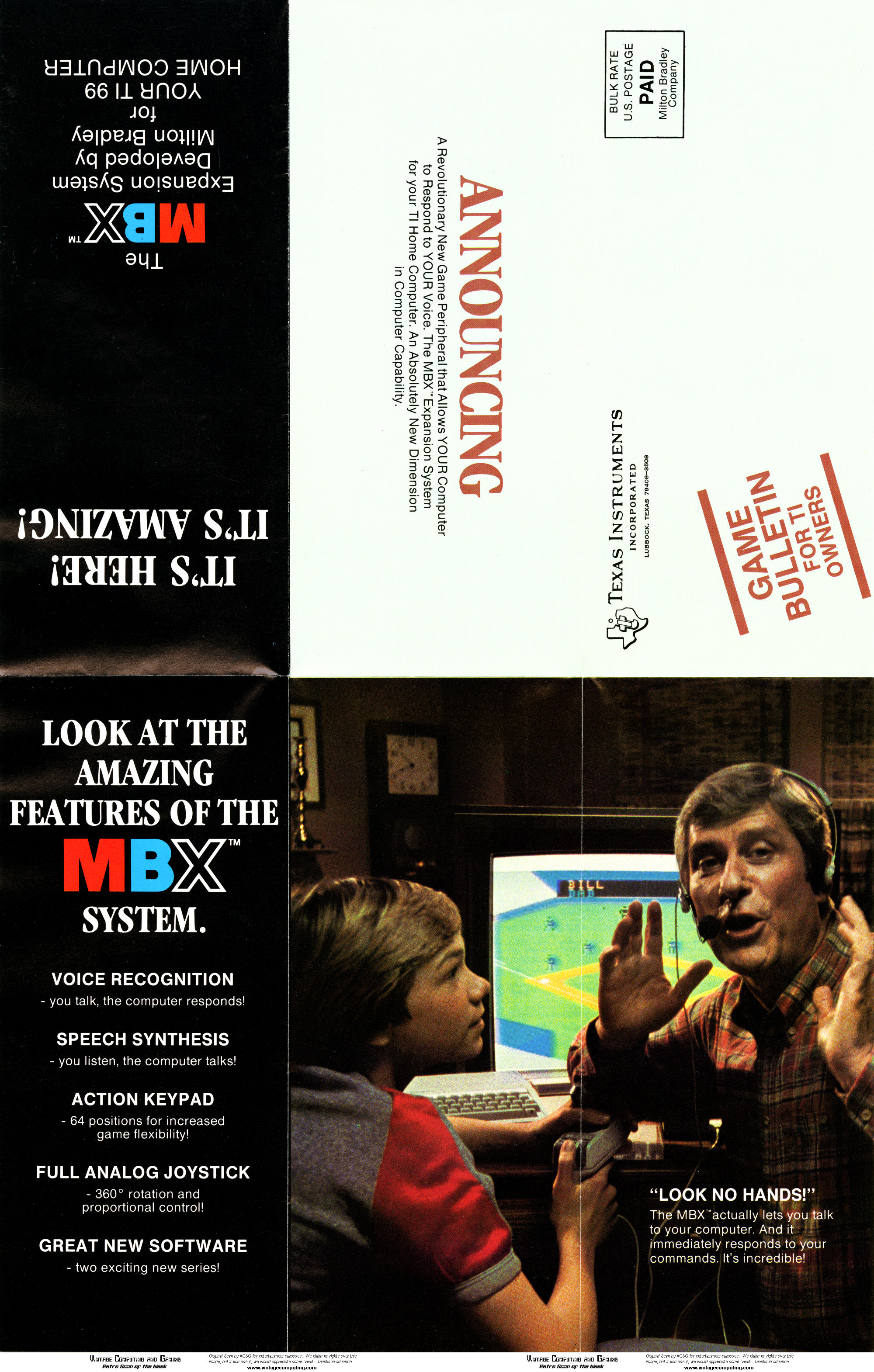 1983 MBX promotional flyer showing the MBX and TI-99/4A setup