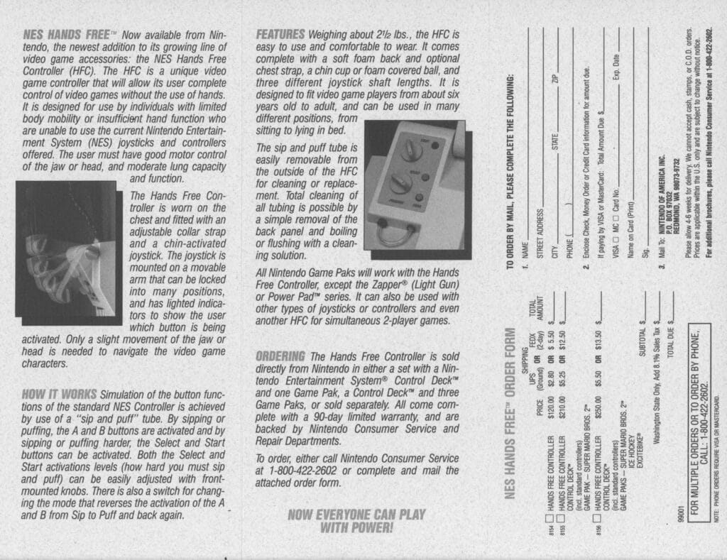 Nintendo Hands Free Controller mail-order form from 1989, showing product description and ordering information