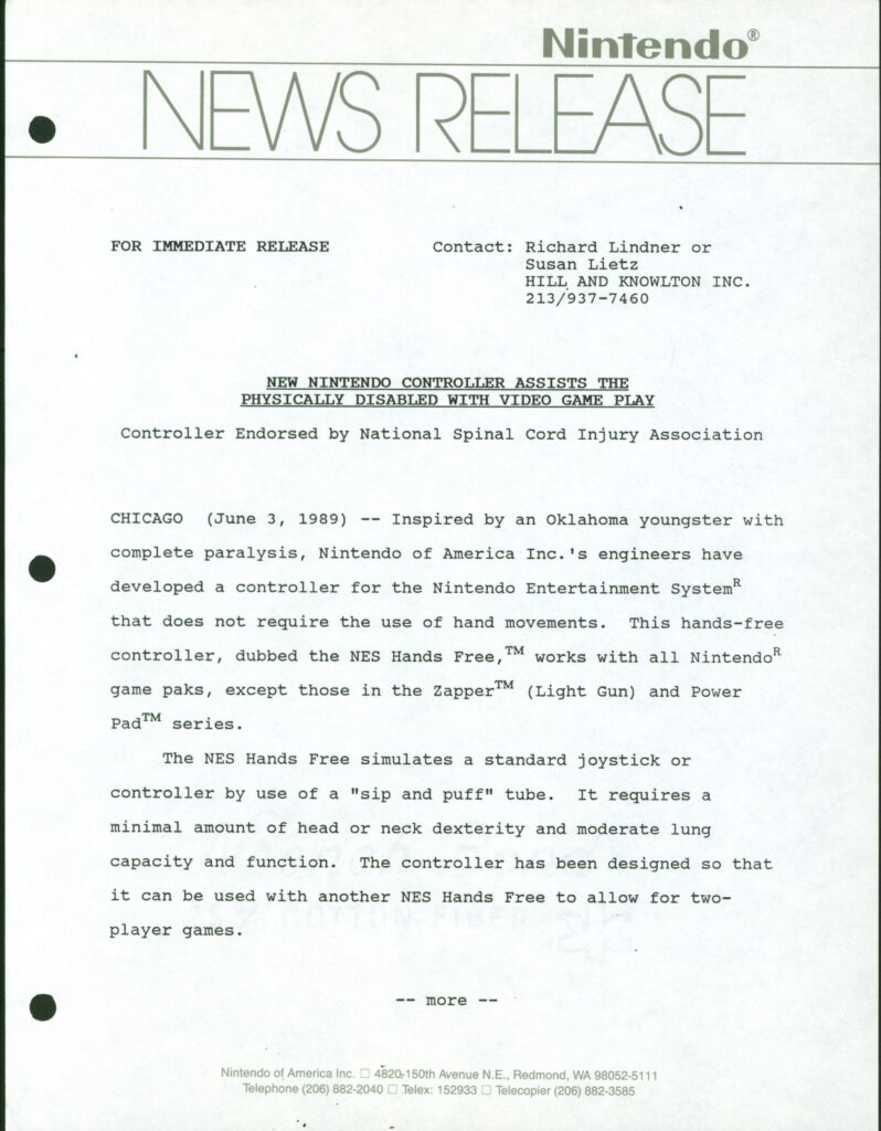 Nintendo news release from June 3, 1989, announcing the Hands Free Controller