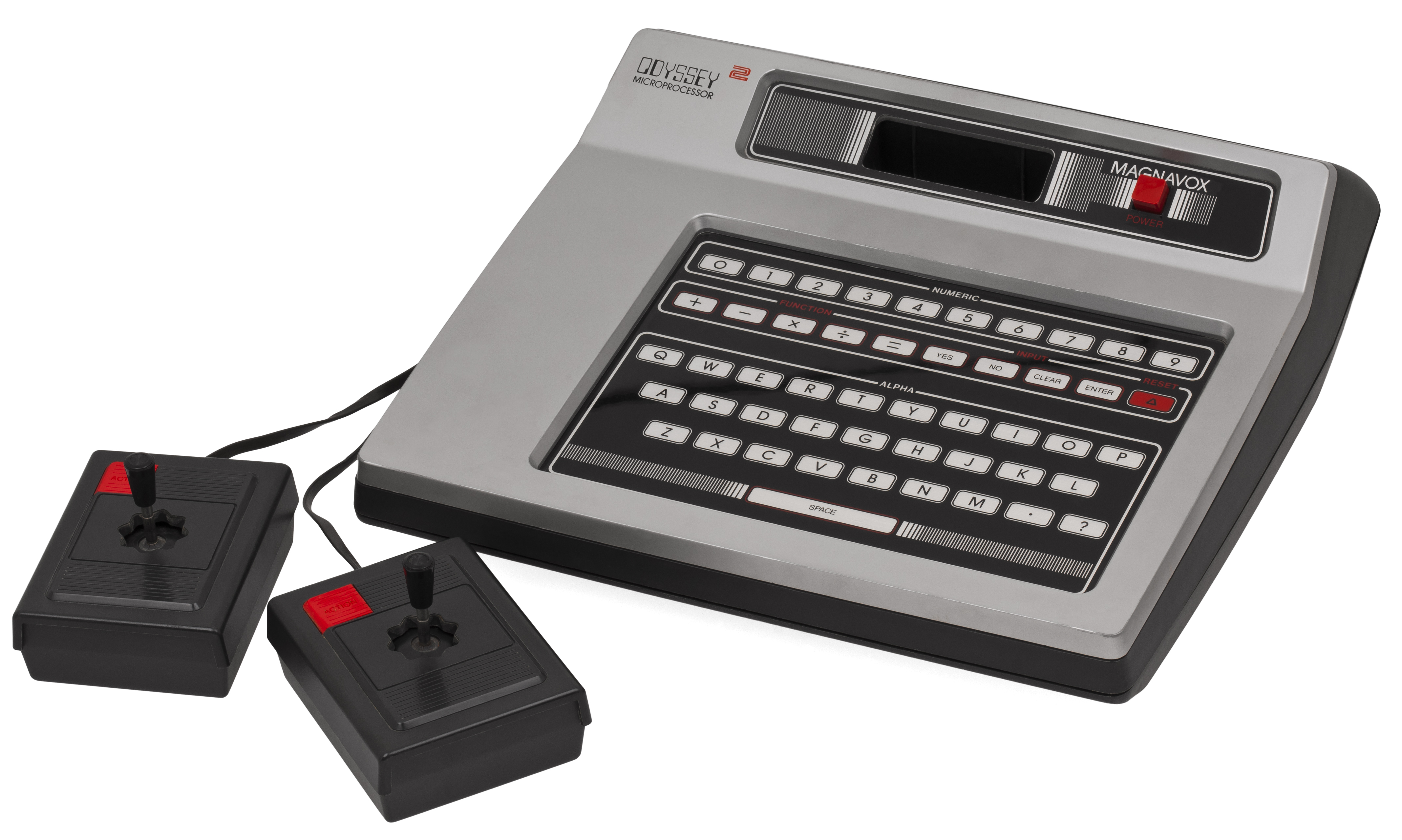 The Magnavox Odyssey 2 console with its built-in QWERTY membrane keyboard. CC BY-SA 3.0, Evan-Amos, Wikimedia Commons.