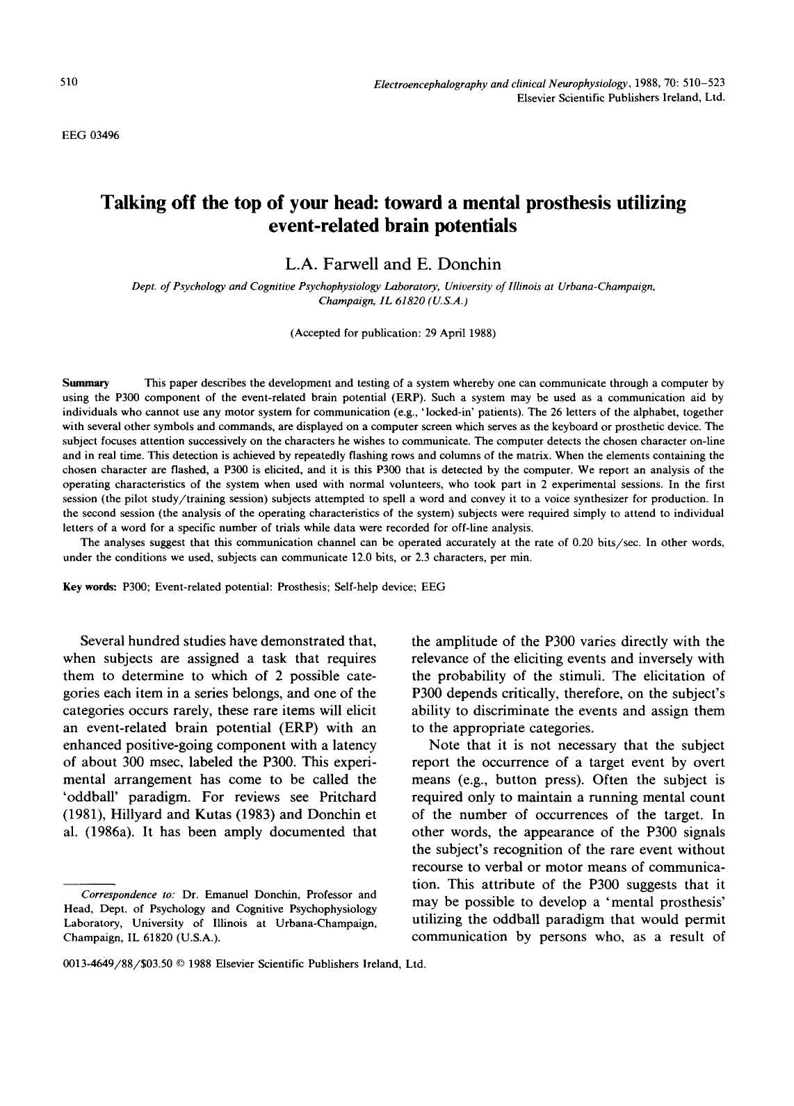 First page of the 1988 P300 speller paper