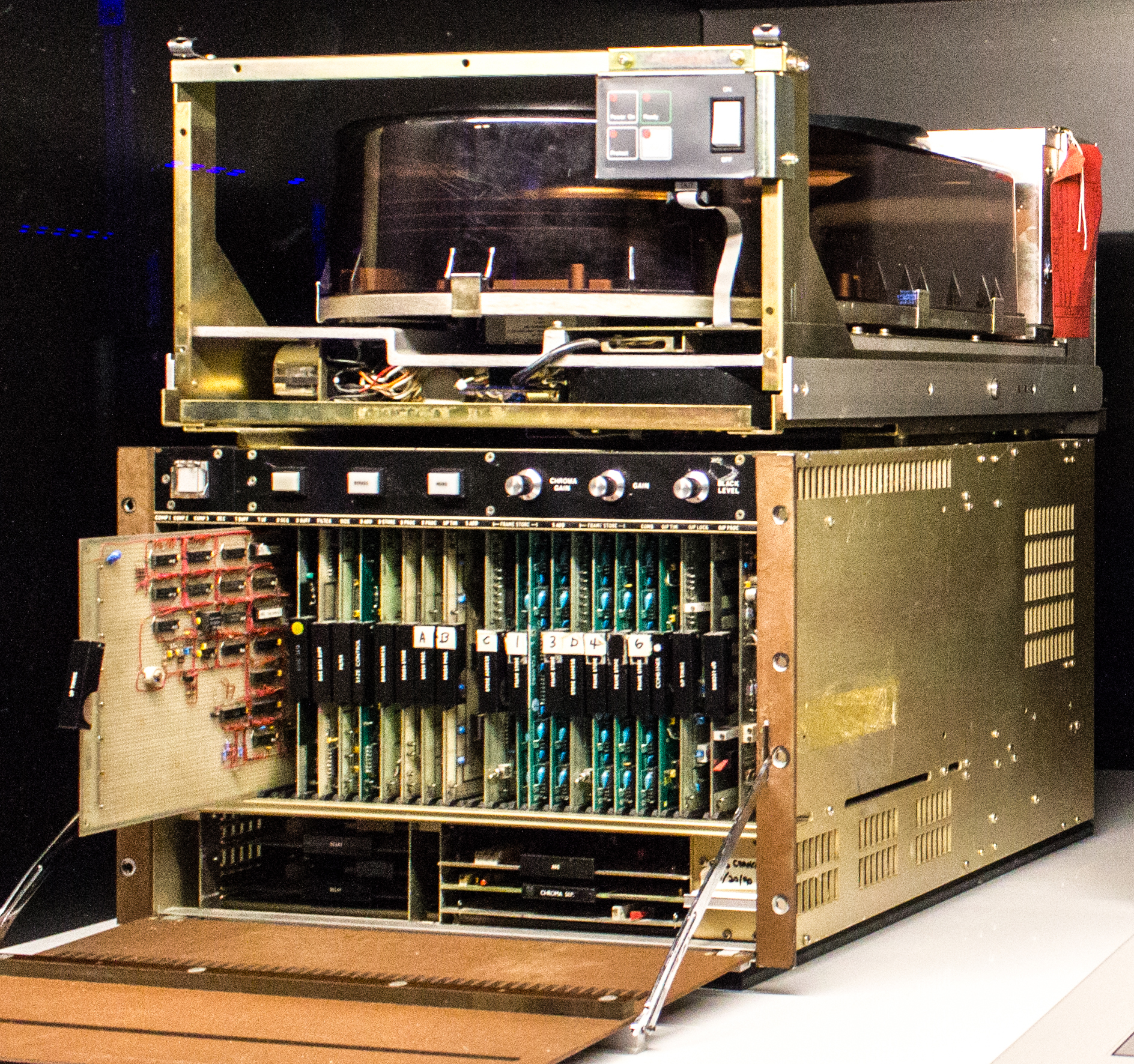 Interior view of a Quantel Paintbox showing the rack of custom circuit boards