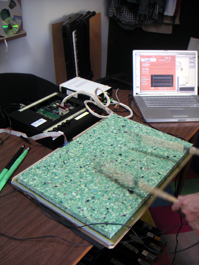 Close-up of the Radio Drum antenna surface and batons at the University of Victoria