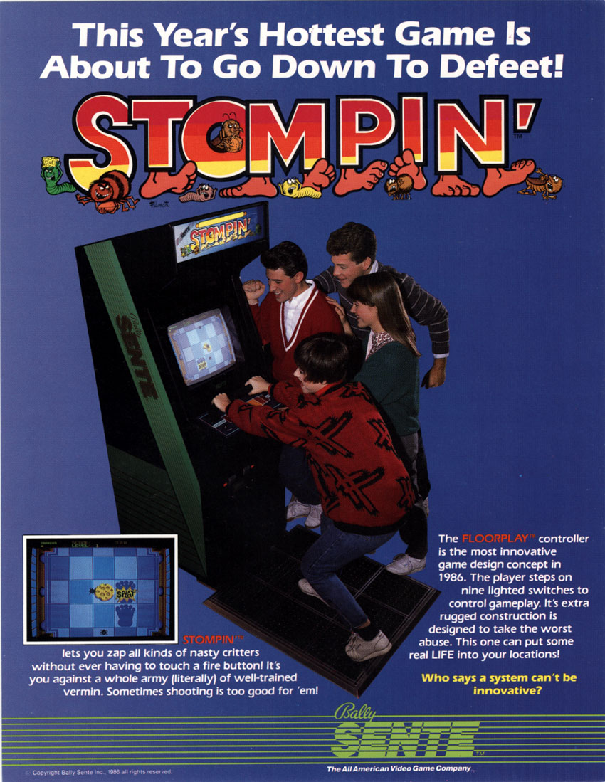 Bally Sente promotional flyer for Stompin', showing a player stomping with SPLAT on screen. Source: The Arcade Flyer Archive.