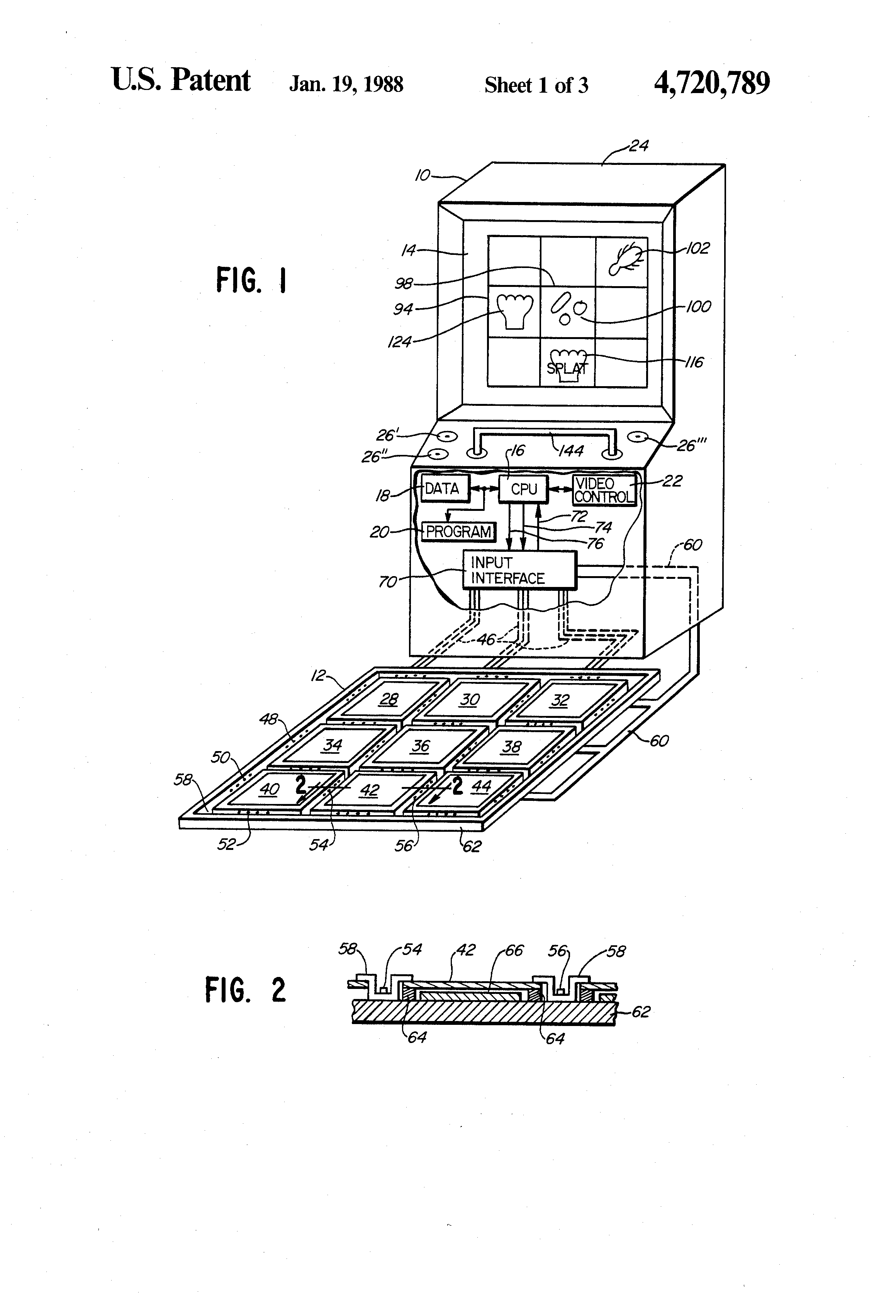 Patent drawing of Stompin's cabinet, showing the floor controller, handlebar, and CRT. Source: US Patent 4,720,789 (public domain).