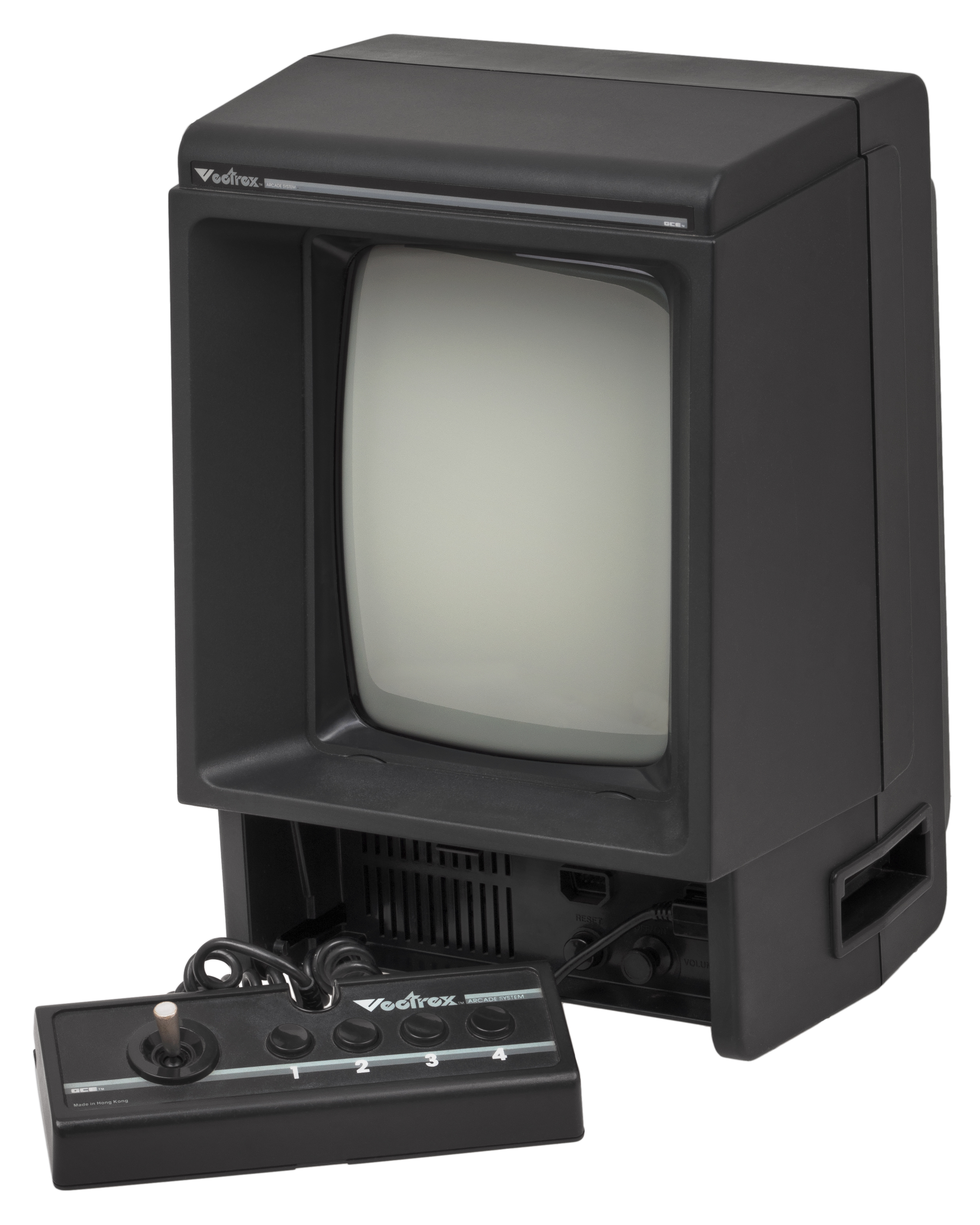 Vectrex console with controller, showing the monochrome vector CRT that the 3D Imager transformed into full color