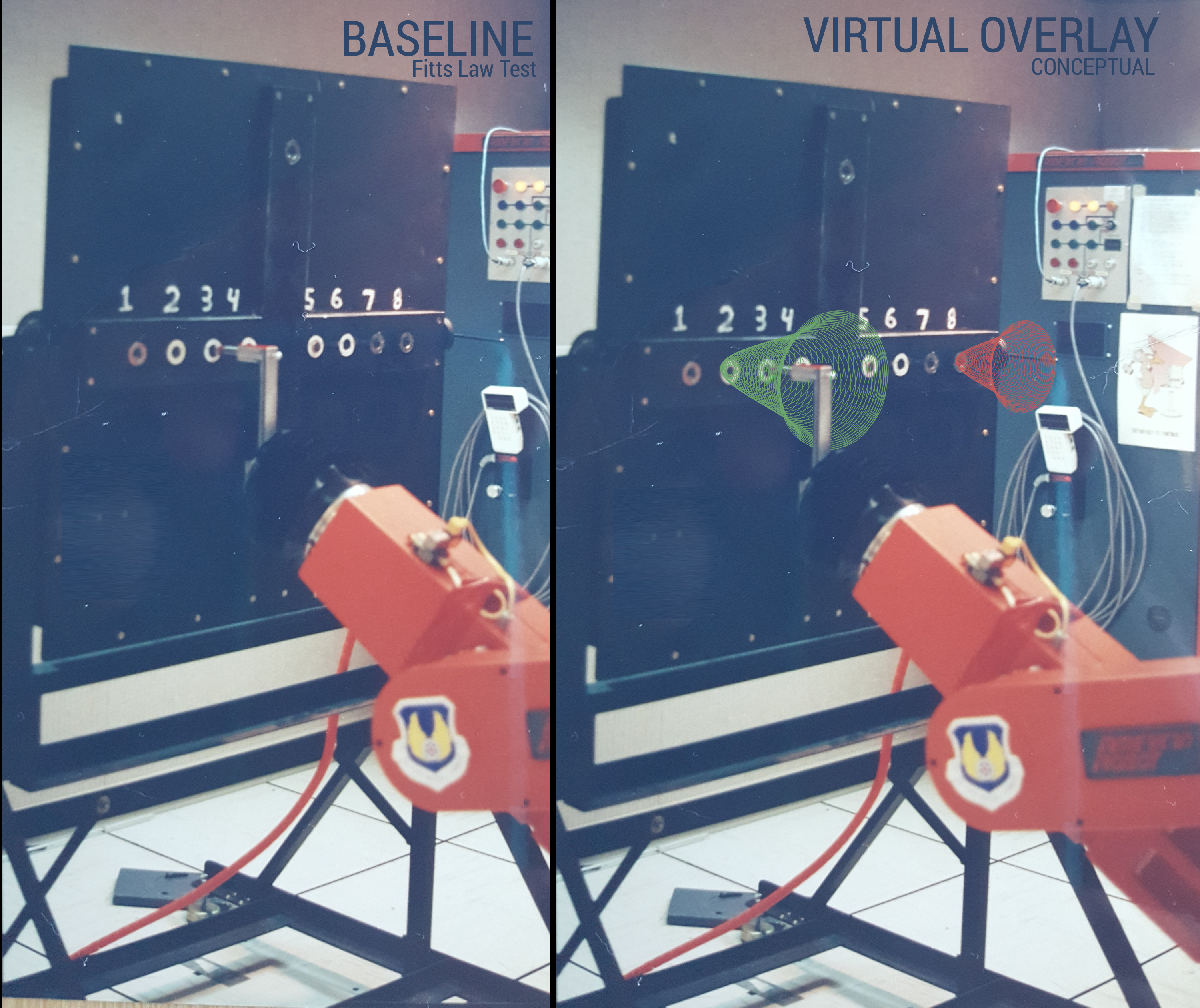 Virtual fixtures overlaid on a Fitts's Law pegboard showing virtual cones and guide surfaces